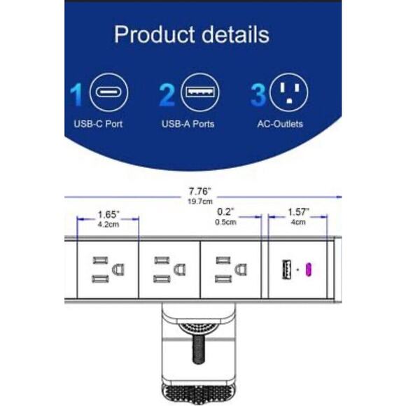 Recessed Power Strip Furniture Flush Mount Outlet with USB for Desktop Open Box - Picture 2 of 4